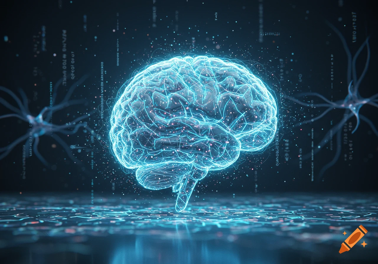 A vibrant, glowing blue translucent brain is centered in a dark, futuristic digital environment with sparkling neural networks and data streams.