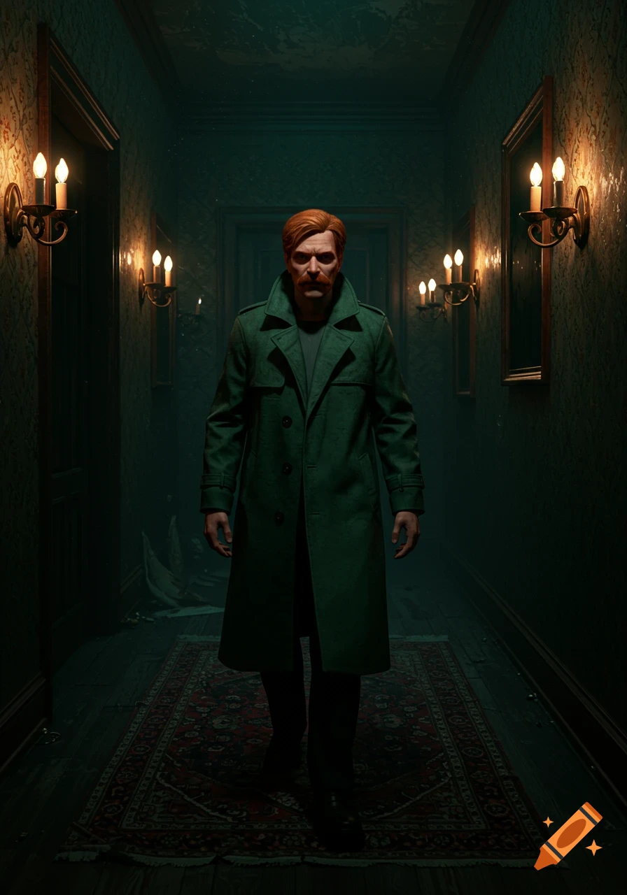 A man in a green trench coat and red hair walks down a dark, candlelit hallway with a patterned rug.