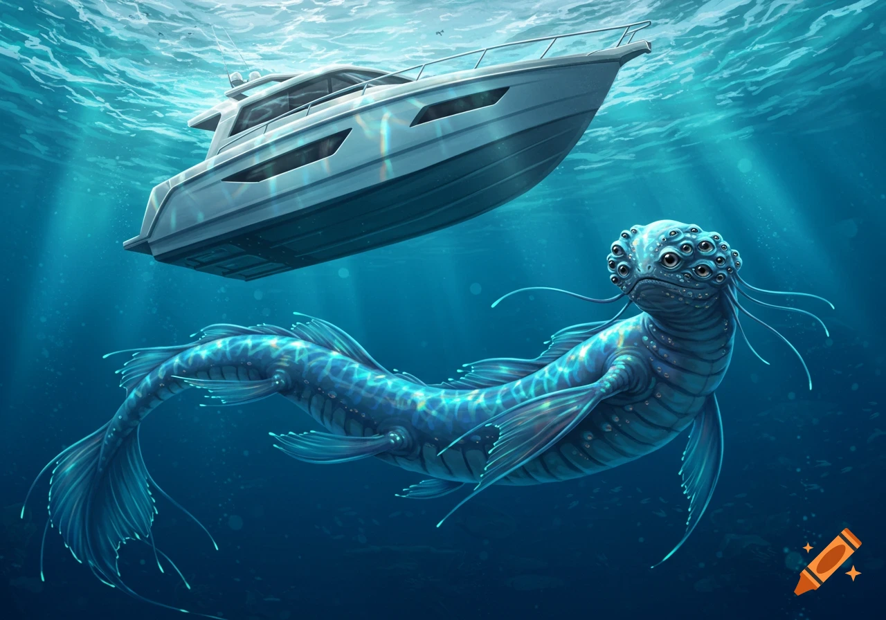 A blue, multi-eyed alien sea monster with glowing patterns swims underwater beneath a white yacht.