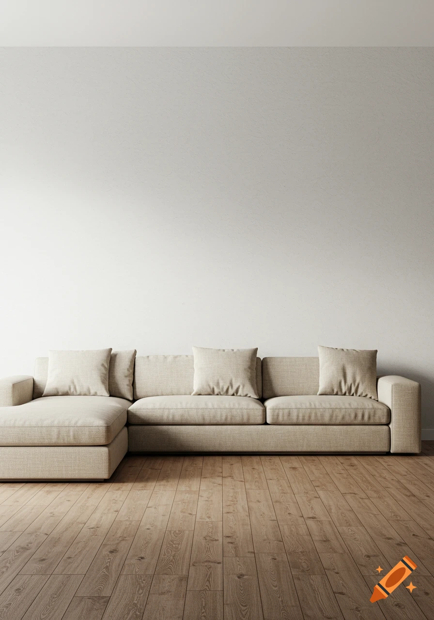 A beige sectional sofa sits on a polished oak floor against a white wall in a modern minimalist living room.