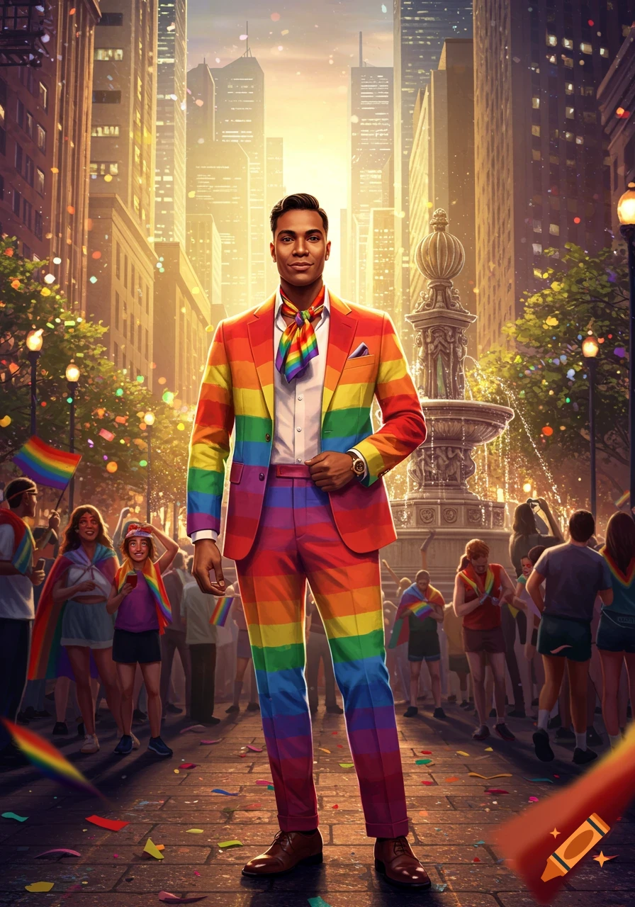 A man in a vibrant rainbow suit stands confidently in a city street during a sunny pride parade, surrounded by a festive crowd.