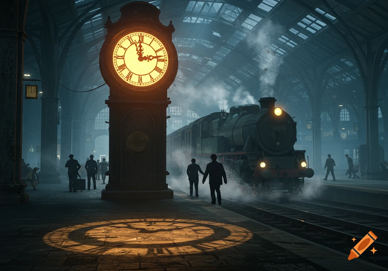 A large glowing grandfather clock stands prominently in a dark, atmospheric train station as a steam train pulls in, surrounded by silhouetted passengers.