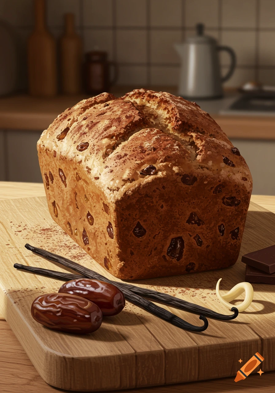 A rustic loaf of raisin bread on a wooden cutting board with vanilla beans, dates, and chocolate in a kitchen setting.
