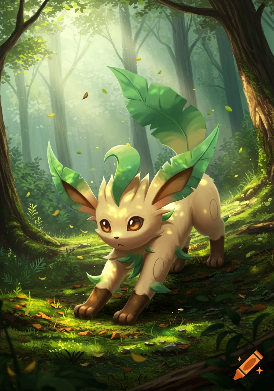A Leafeon, a grass-type Pokemon, crouches on a mossy forest path with light filtering through the trees.