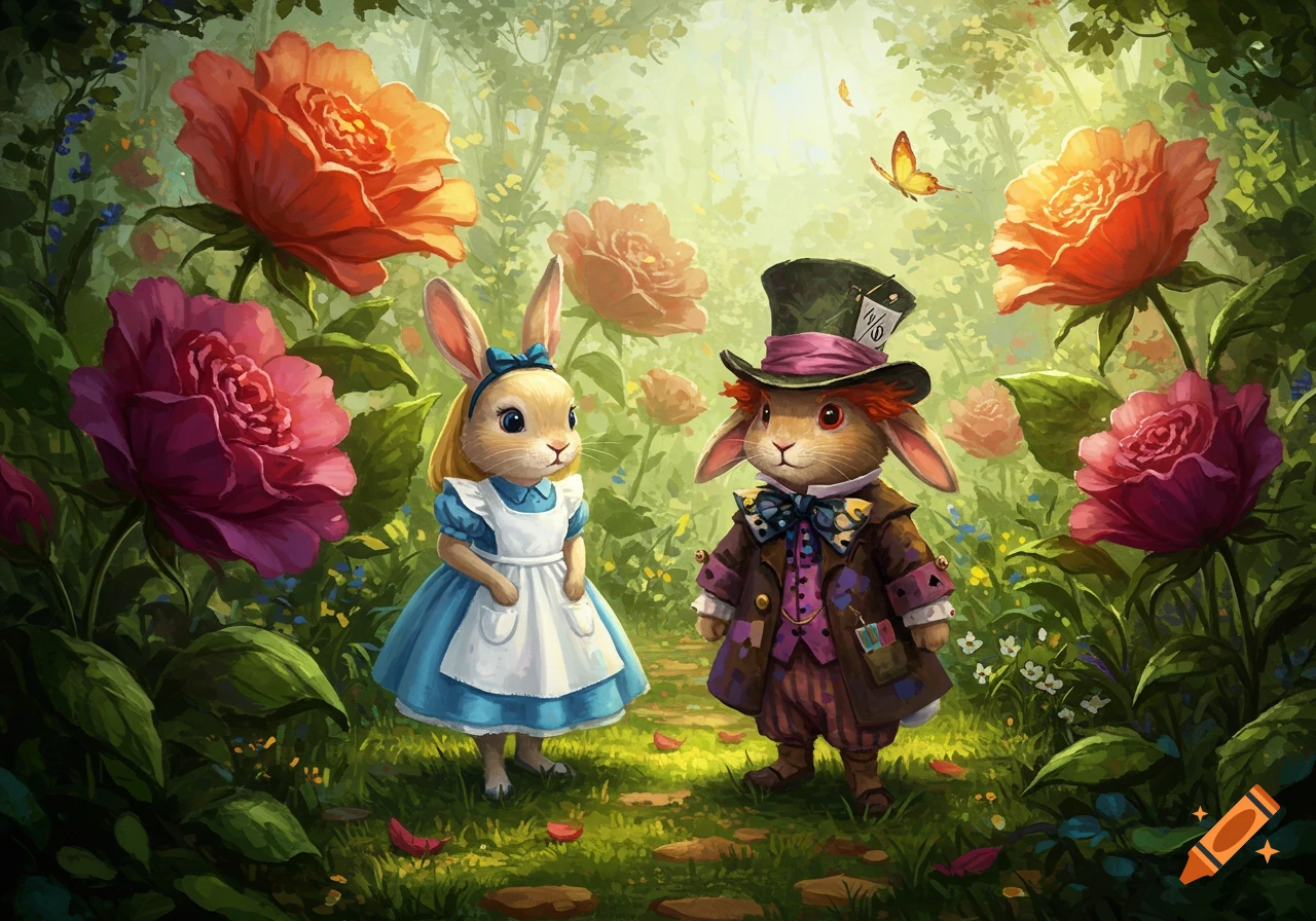 Two anthropomorphic bunnies dressed as Alice and the Mad Hatter stand in a colorful, whimsical forest with large flowers, in a storybook illustration style.