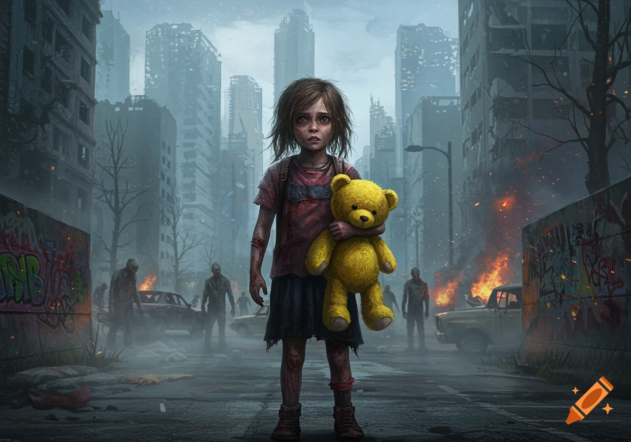 A young girl with a yellow teddy bear stands in the middle of a destroyed city street, surrounded by zombies and burning debris.