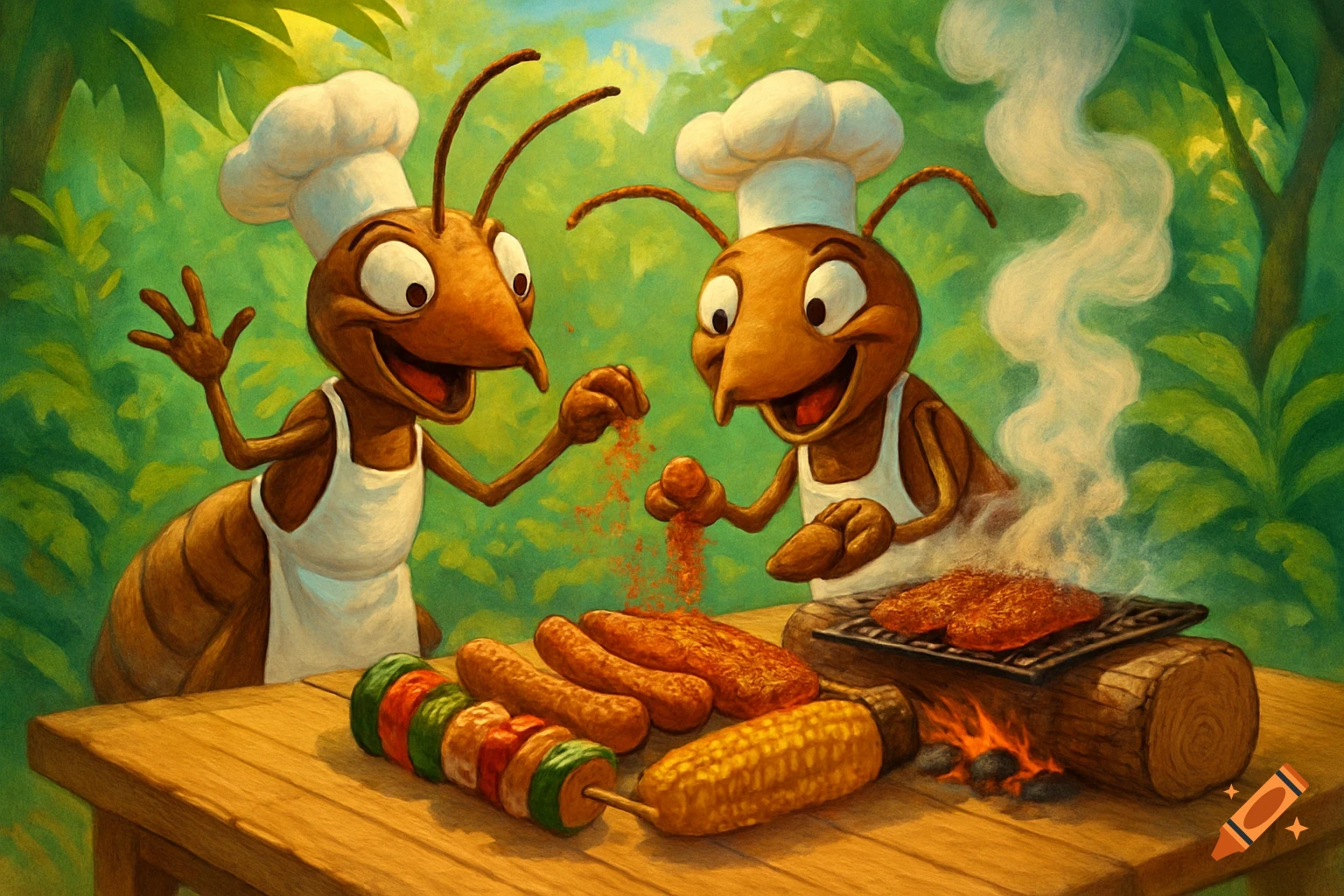 Two joyful ant chefs grilling meat, sausages, corn, and a kebab on a wooden grill in a lush green outdoor setting.