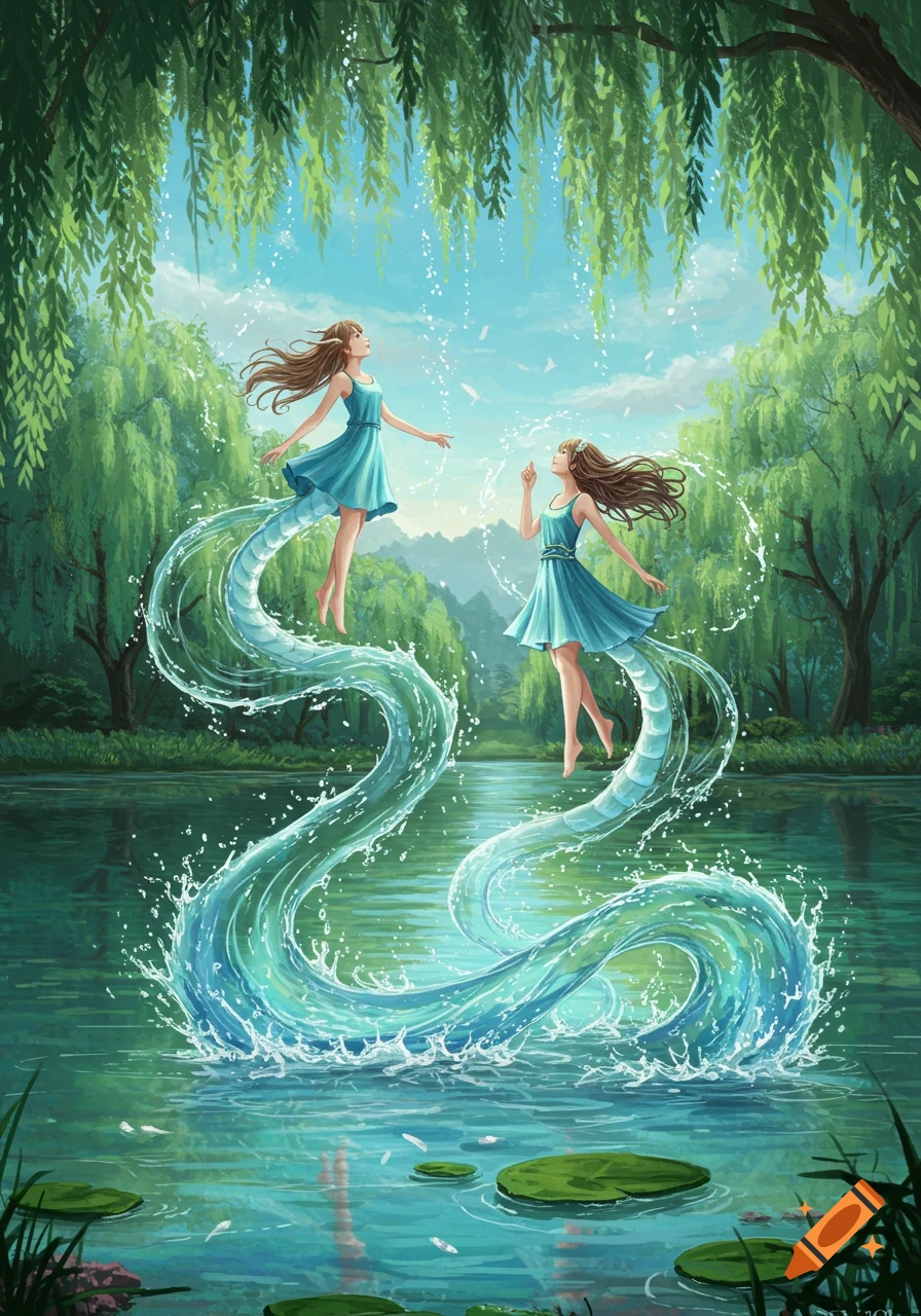 Two anime-style girls float above a lake, with streams of water forming serpentine shapes below them, surrounded by willow trees.