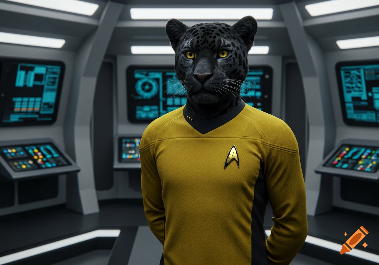 A photorealistic anthropomorphic black jaguar in a yellow Starfleet uniform stands on a spaceship bridge.