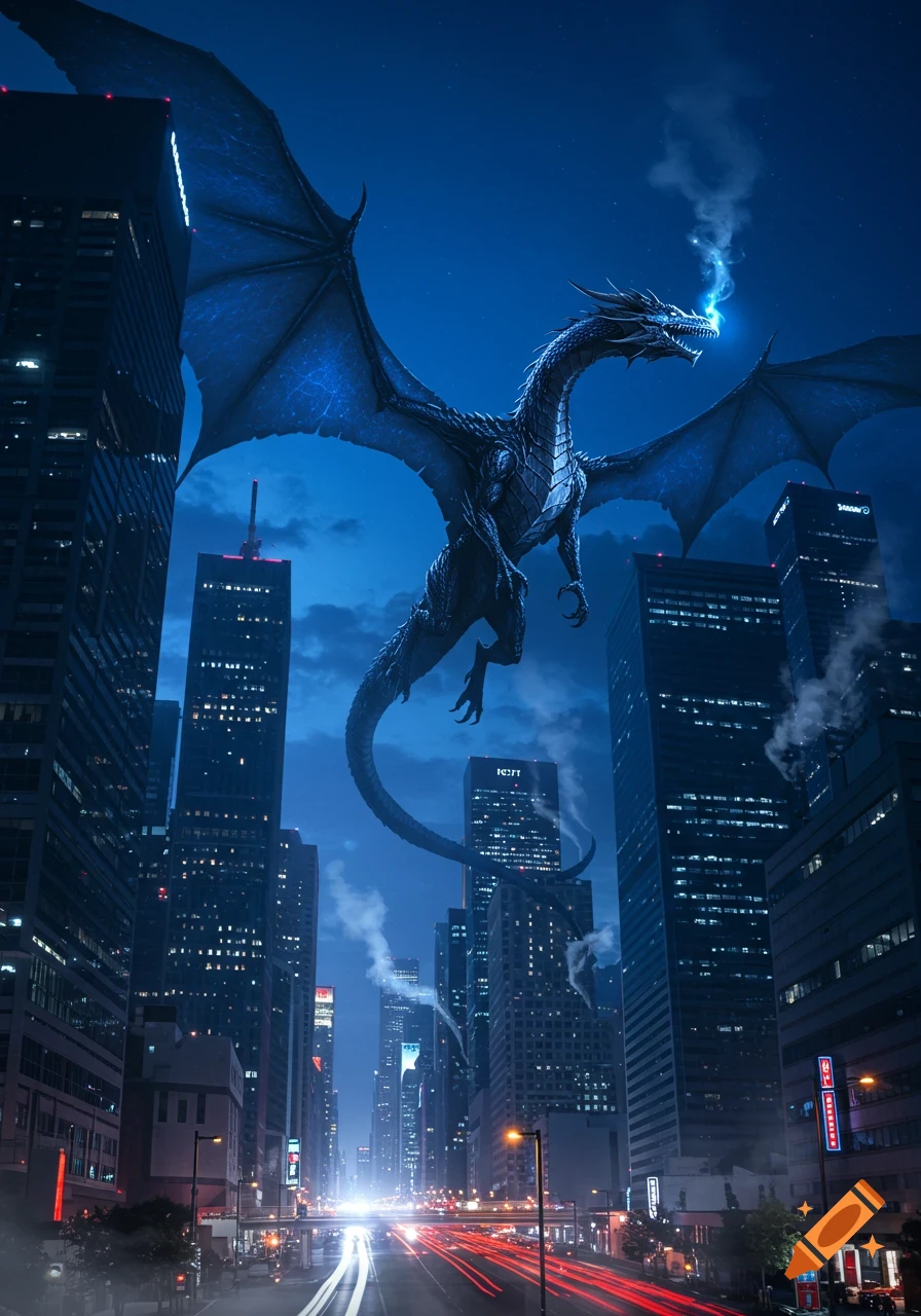 A large blue dragon with glowing wings flies over a modern city at night, breathing blue smoke. City lights illuminate the streets below.