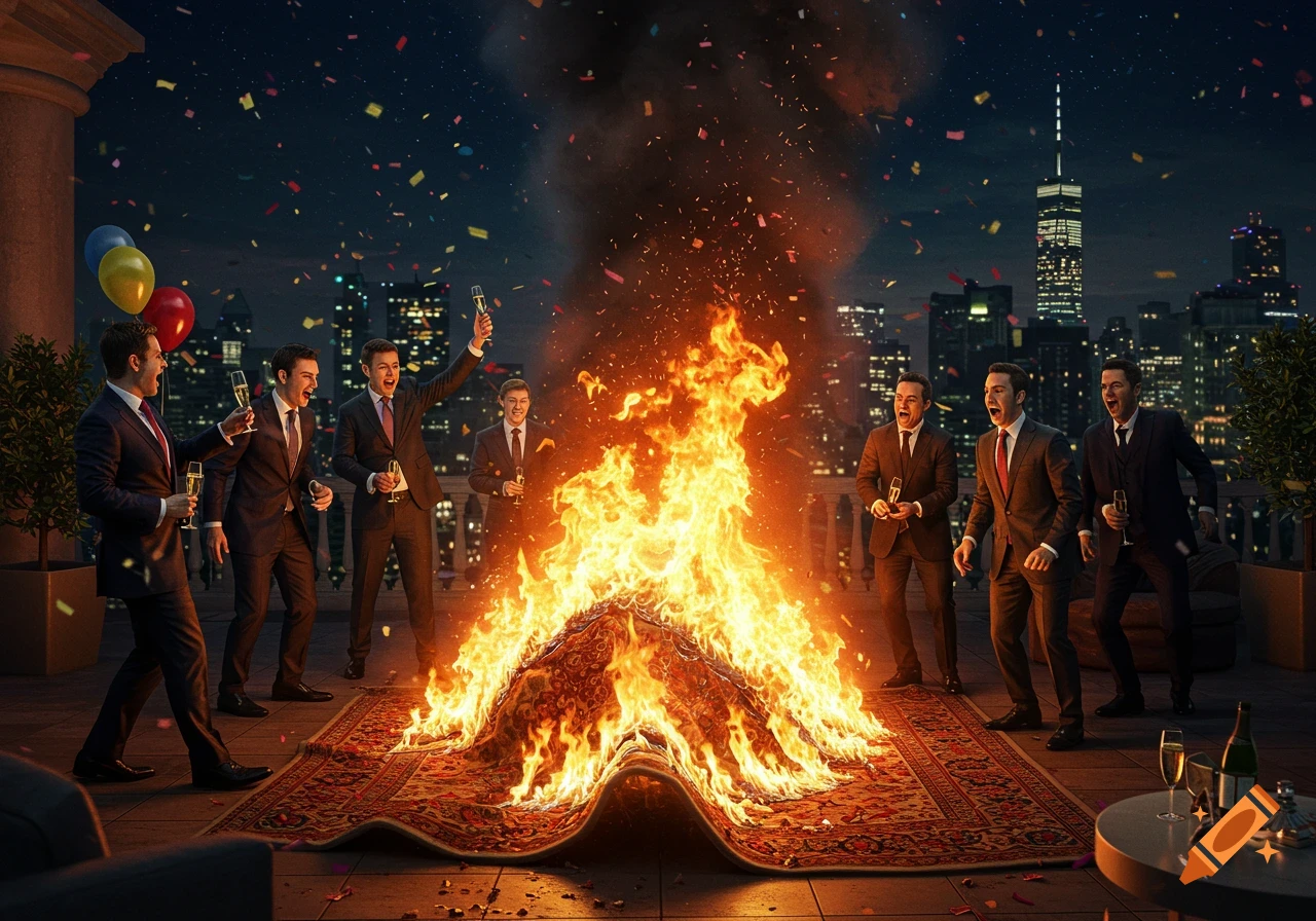 Men in suits on a rooftop at night cheer as a large rug burns brightly, with confetti falling and a city skyline in the background.