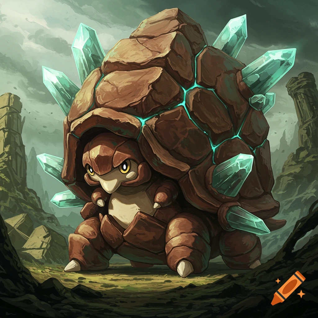 A brown, rocky, turtle-like creature with large aquamarine crystals protruding from its back, stands in a desolate, earthy landscape.