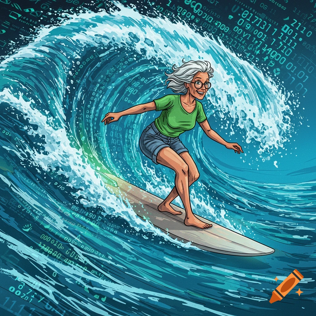 A smiling older woman with silver hair surfs a blue wave made of binary code and numbers, in a comic-book style.