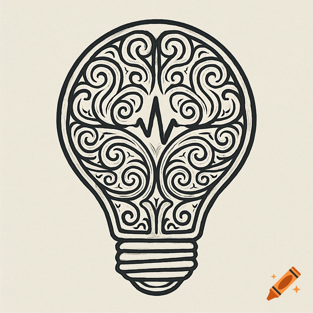 Black line art logo of a light bulb stylized to look like a brain with a heartbeat pulse line in the center.