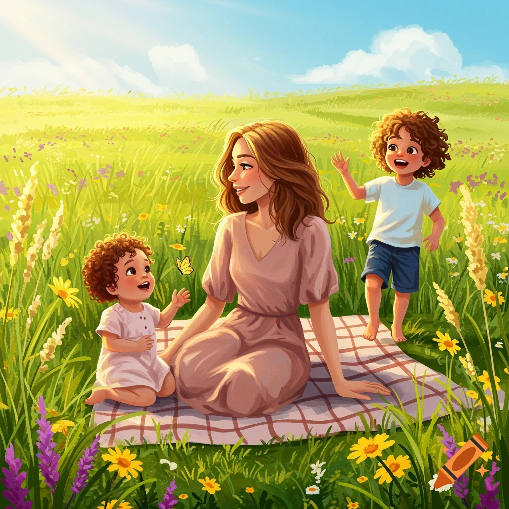 A mother and her two young children enjoying a picnic in a sunny, flower-filled meadow.