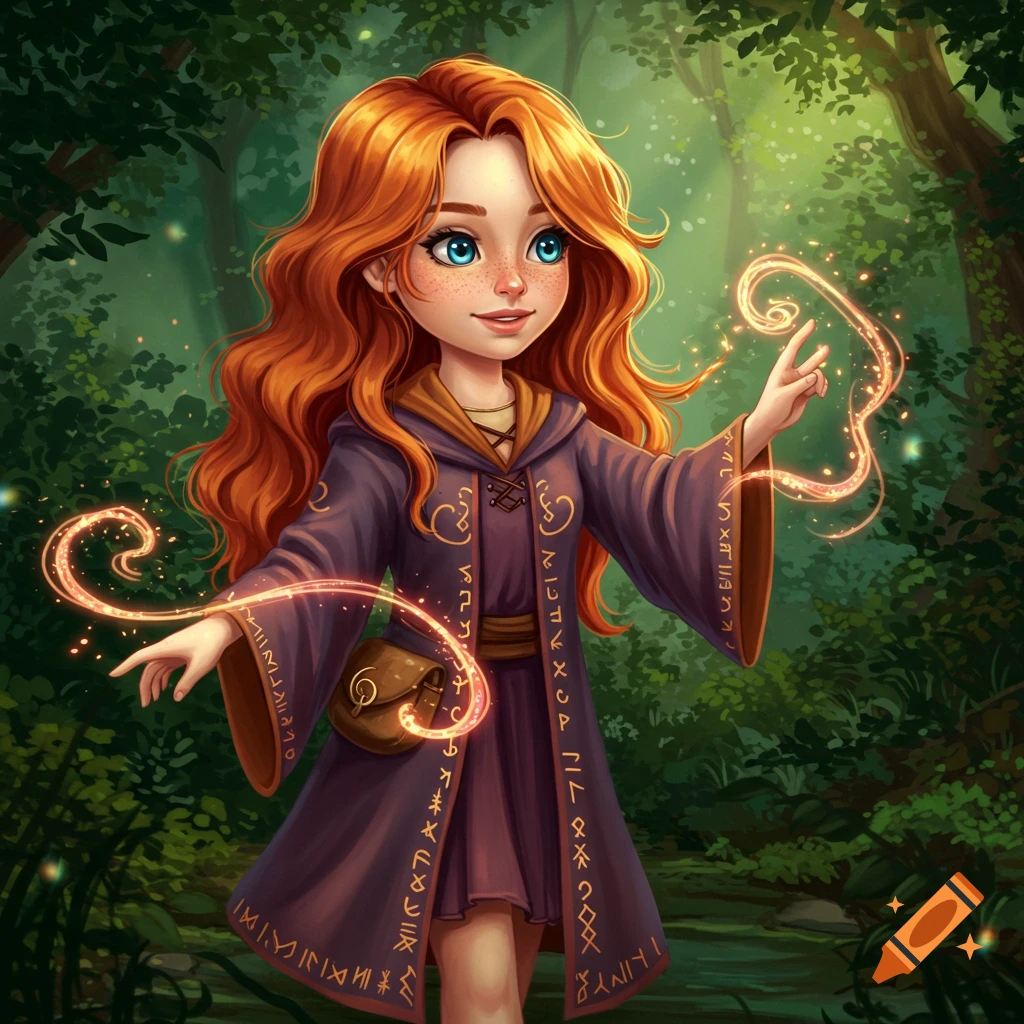 A cute cartoon wizard woman with long red hair and blue eyes stands in a magical forest, conjuring golden glowing magic.