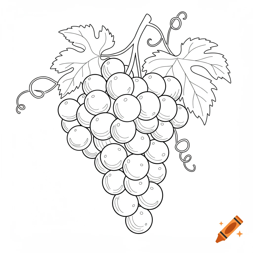 Black and white line art illustration of a bunch of grapes with leaves on a white background.