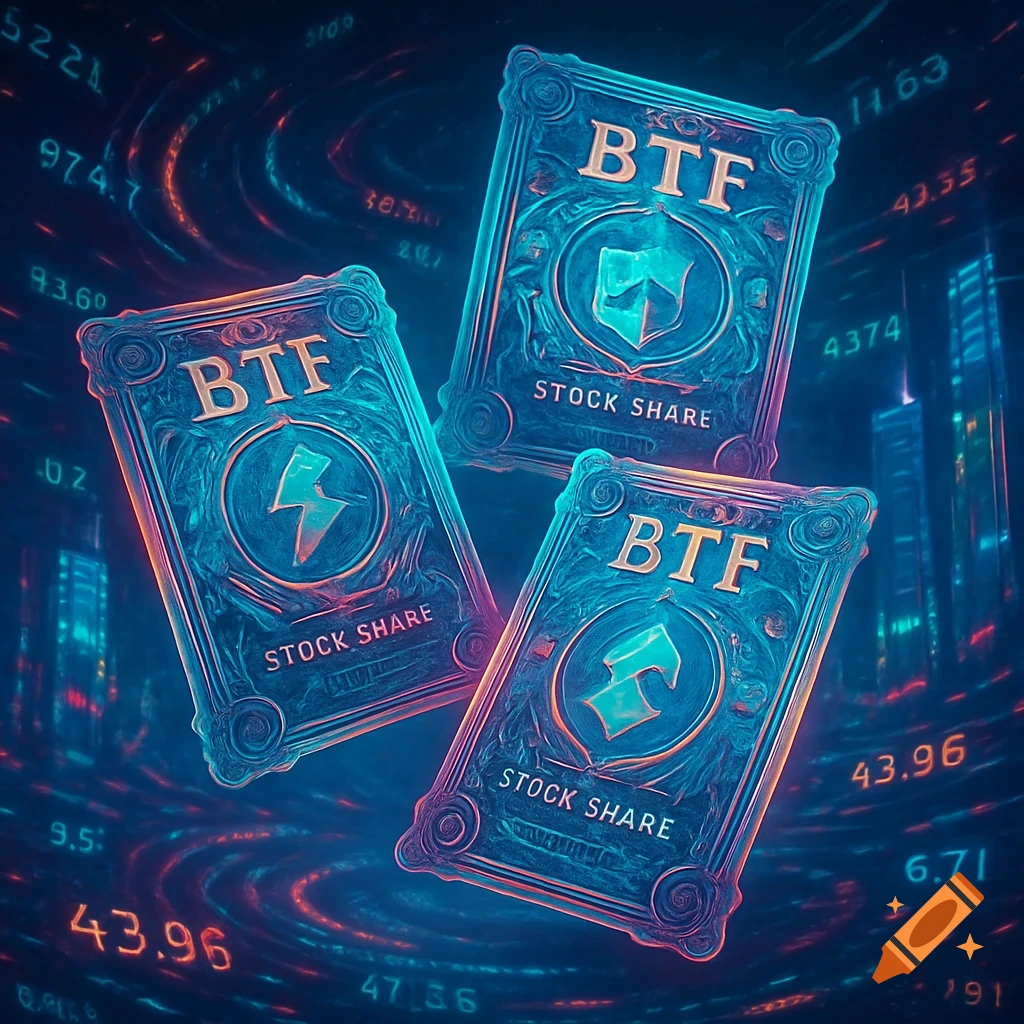 Three glowing, ornate BTF stock share cards float in a vibrant blue and orange digital space with abstract numbers and lines.