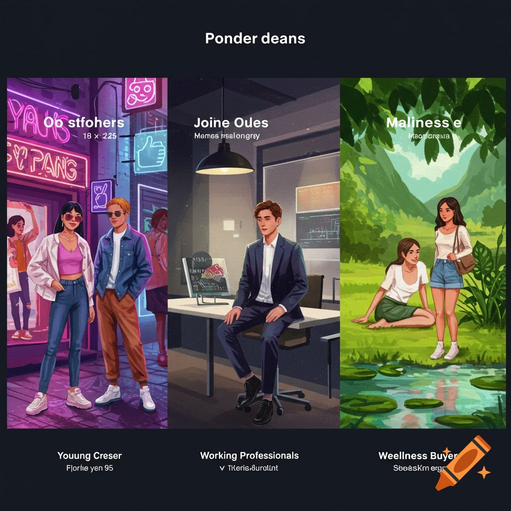 Three vertical panels depict diverse groups: young style seekers in a neon city street, working professionals in an office, and wellness buyers in a lush nature scene with a pond. The art style is illustrative with bright colors.