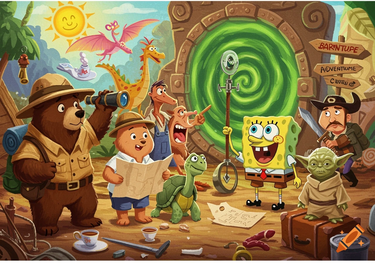 Cartoon characters including two bears, Spongebob, and Yoda in an adventure scene with a green portal and signpost.
