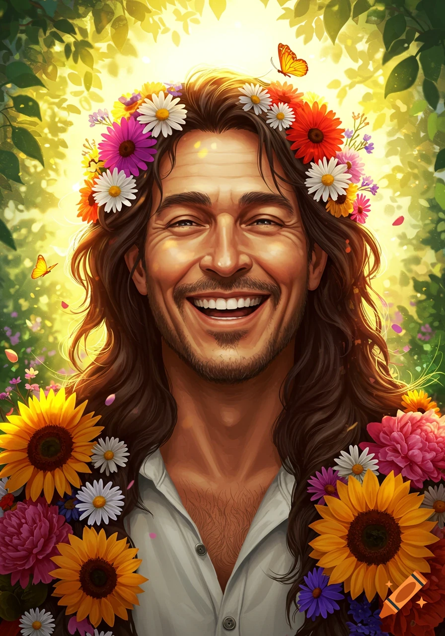 Happy man with long brown hair, wearing a colorful flower wreath, smiling brightly in a sunny natural setting, illustrated style.