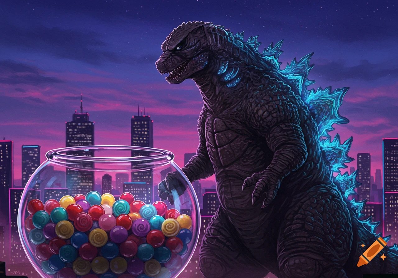 Godzilla standing next to a giant gumball machine filled with colorful candies, set against a neon-lit city skyline at dusk.