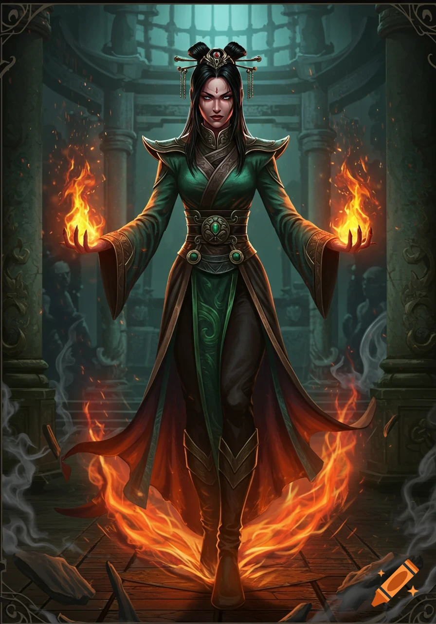 A powerful female sorceress in a green robe stands in a dark temple, conjuring flames in her hands. Digital painting.