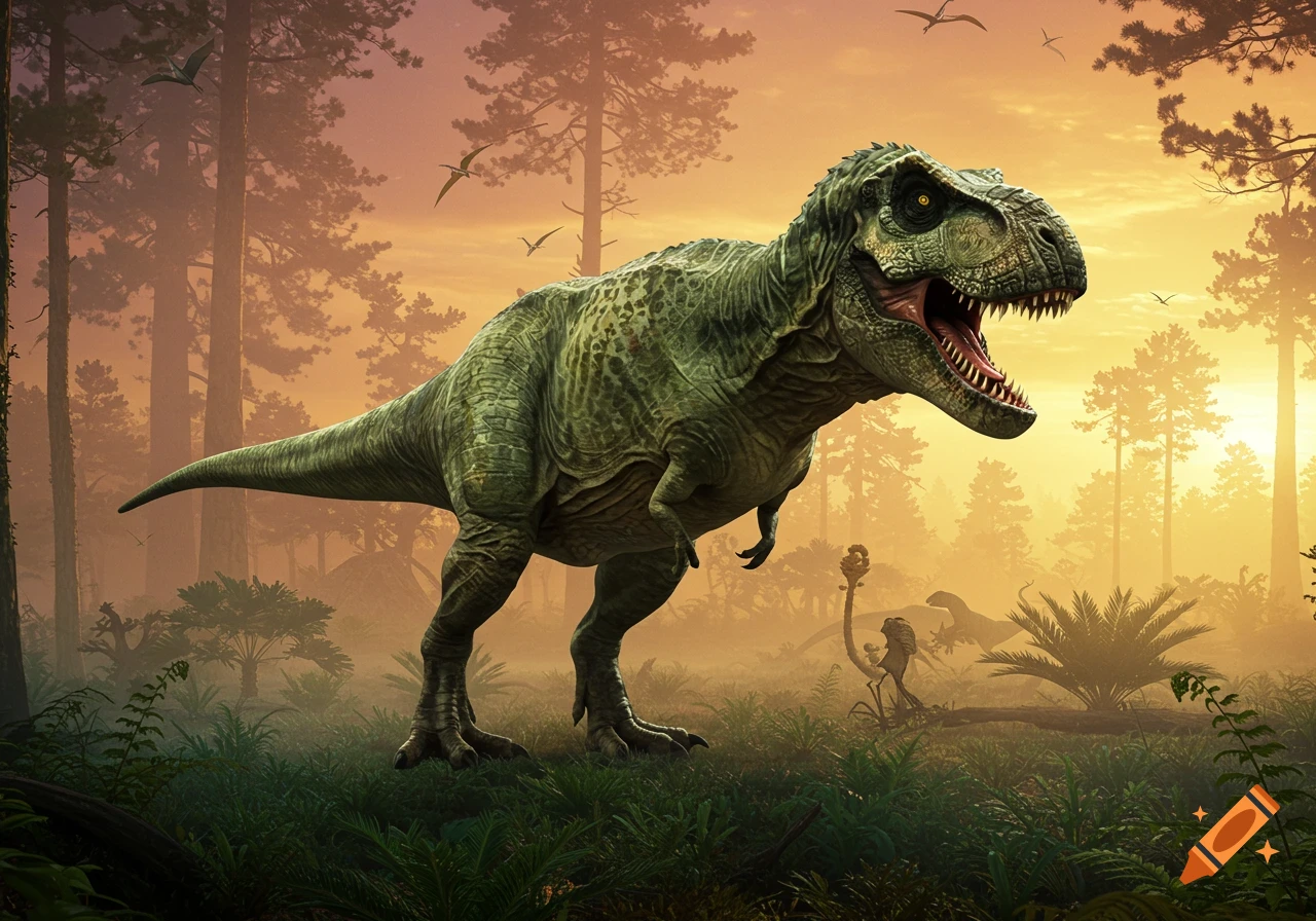 A large, green Tyrannosaurus Rex with an open mouth stands in a lush, prehistoric forest bathed in the warm light of sunset.