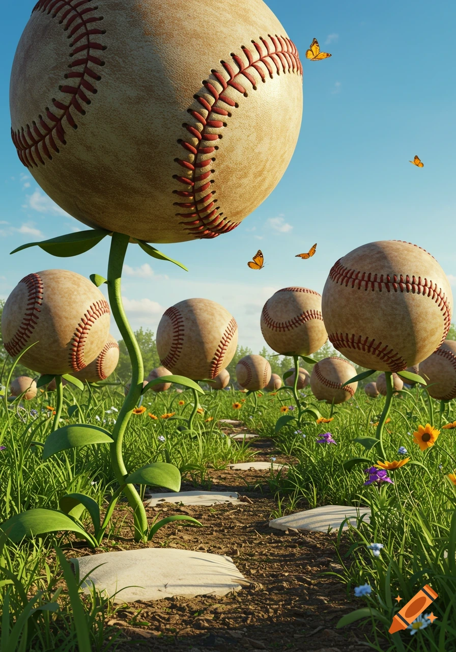 Giant baseballs growing as plants in a vibrant grassy field with wildflowers, a dirt path, and butterflies under a blue sky.
