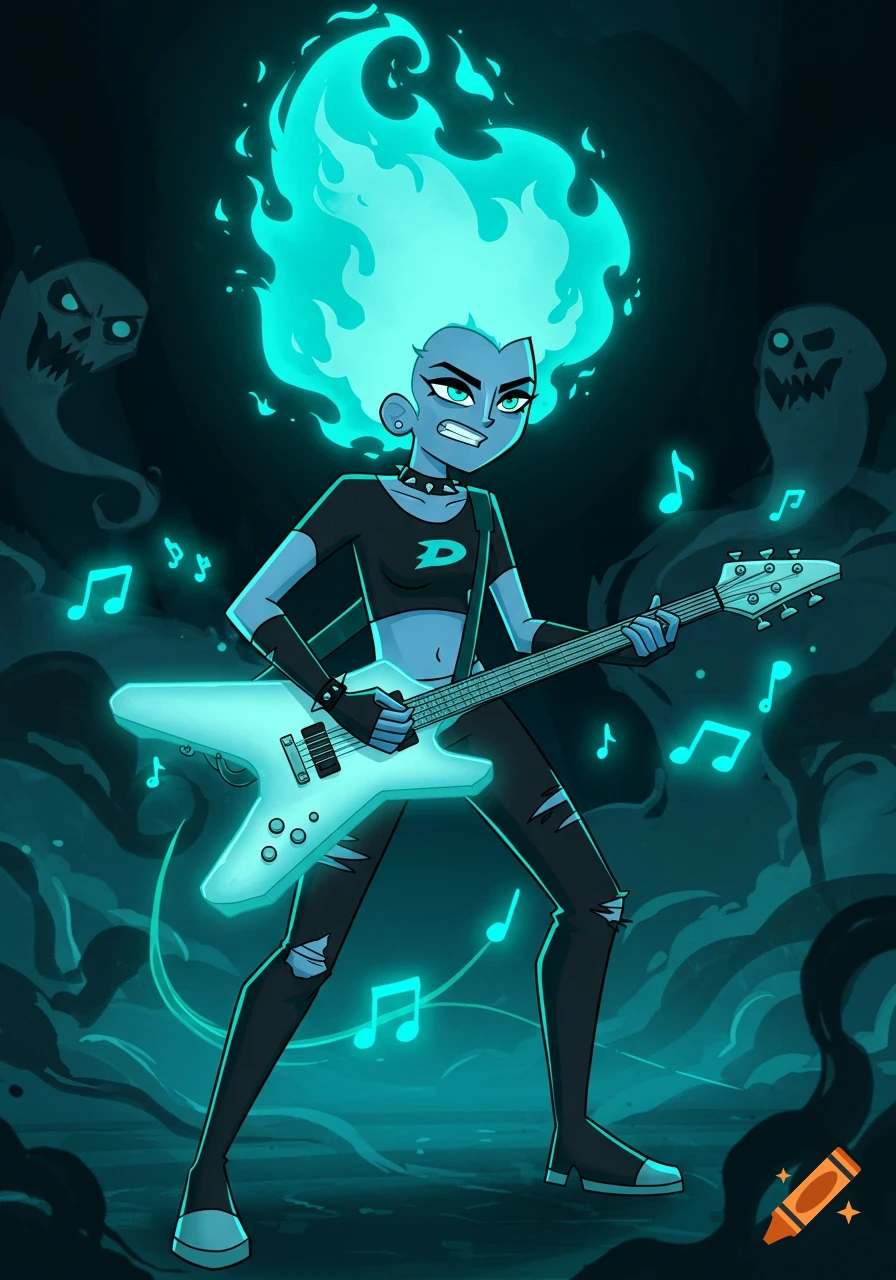 Teal-skinned punk girl with flaming teal hair plays electric guitar, surrounded by music notes and ghosts.