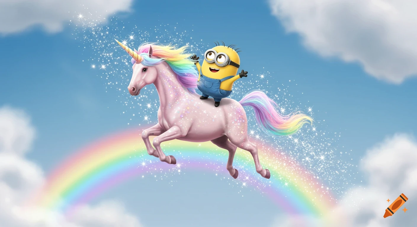 A happy yellow minion riding a sparkling pink unicorn with a rainbow tail across a rainbow in a blue sky.