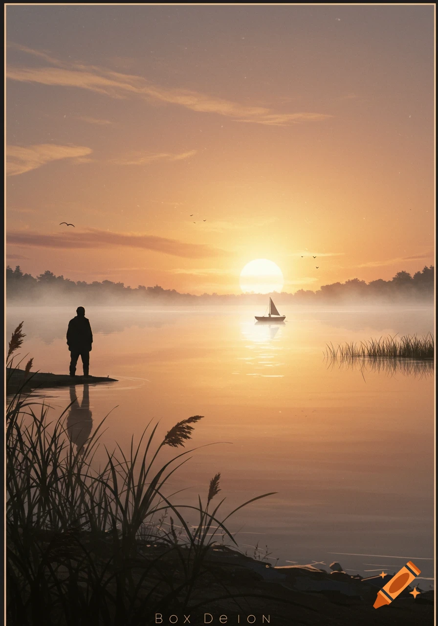 A serene landscape showing a person silhouetted by a bright sunset over a misty lake, with a small sailboat in the distance.