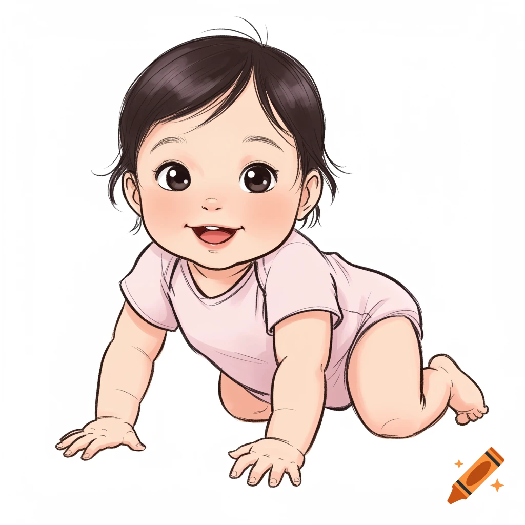 A happy baby girl with dark hair, wearing a pink onesie, crawling on a white background in a clipart sketch style.