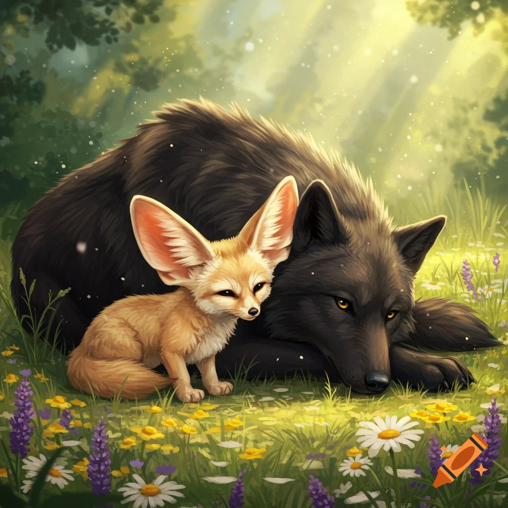 A cute fennec fox with large ears cuddles a big black wolf in a lush forest filled with wildflowers, bathed in sunlight.
