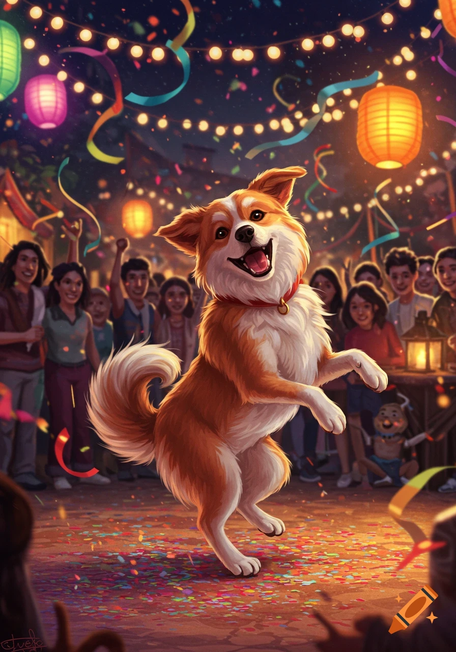 A joyful dog dances on its hind legs at a vibrant night festival, surrounded by confetti, lanterns, and smiling people. Illustrated.