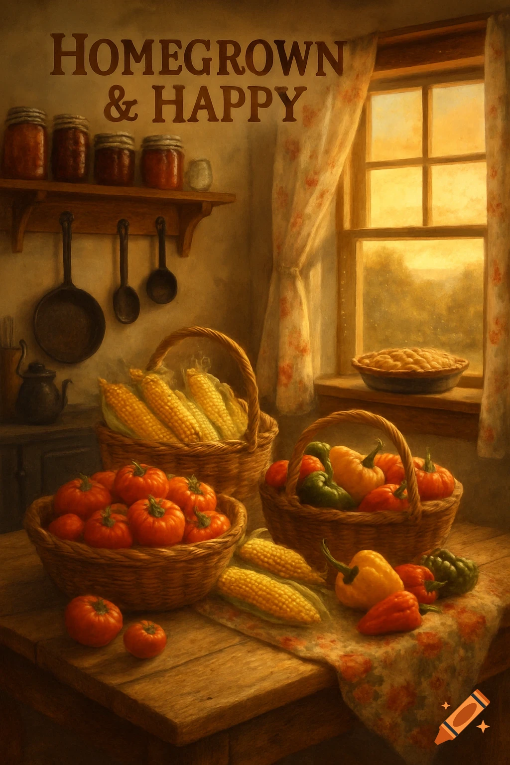 A rustic kitchen scene with baskets of corn, tomatoes, and peppers, jars on a shelf, and a pie by a sunlit window. Text: HOMEGROWN & HAPPY.