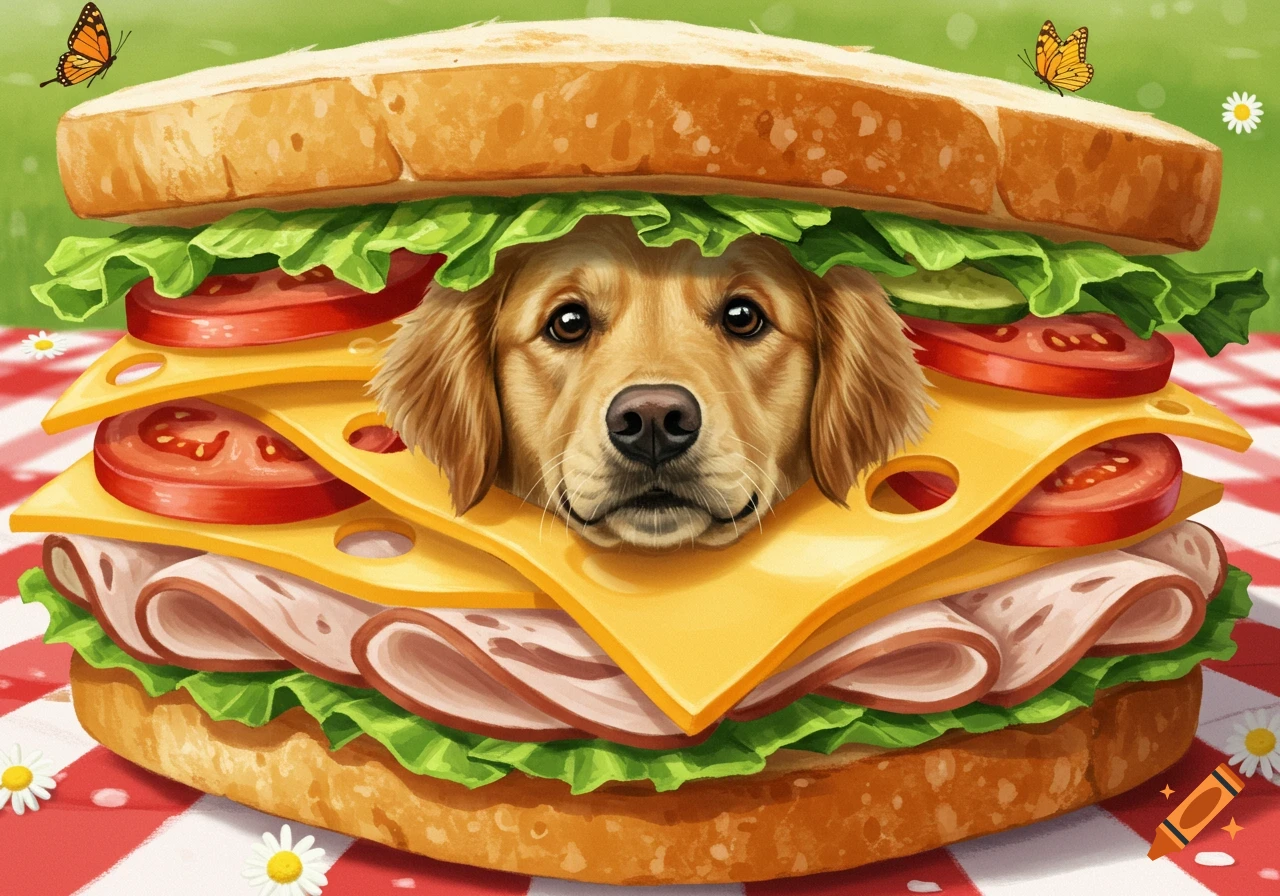 A golden retriever's head protrudes from a large, cartoonish sandwich with cheese, lettuce, tomatoes, and deli meat on a picnic blanket.