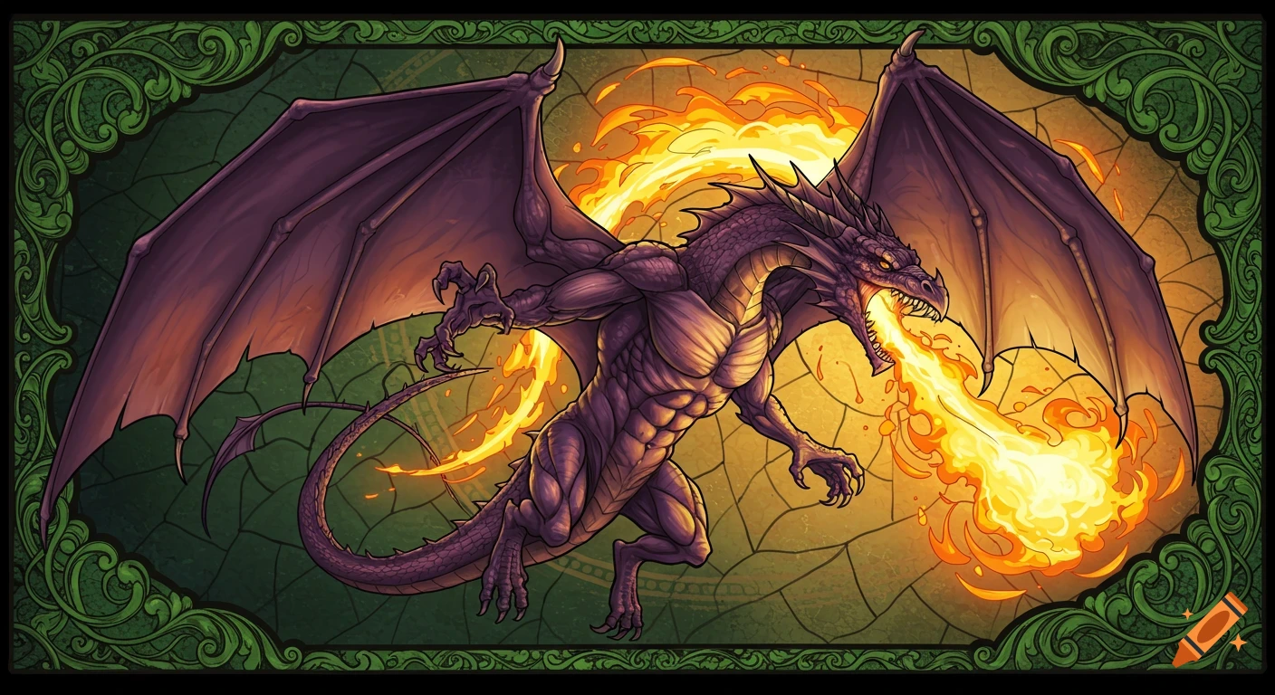 A muscular purple dragon with large wings flies horizontally, breathing bright orange fire, in a stained glass window style with a green decorative border.