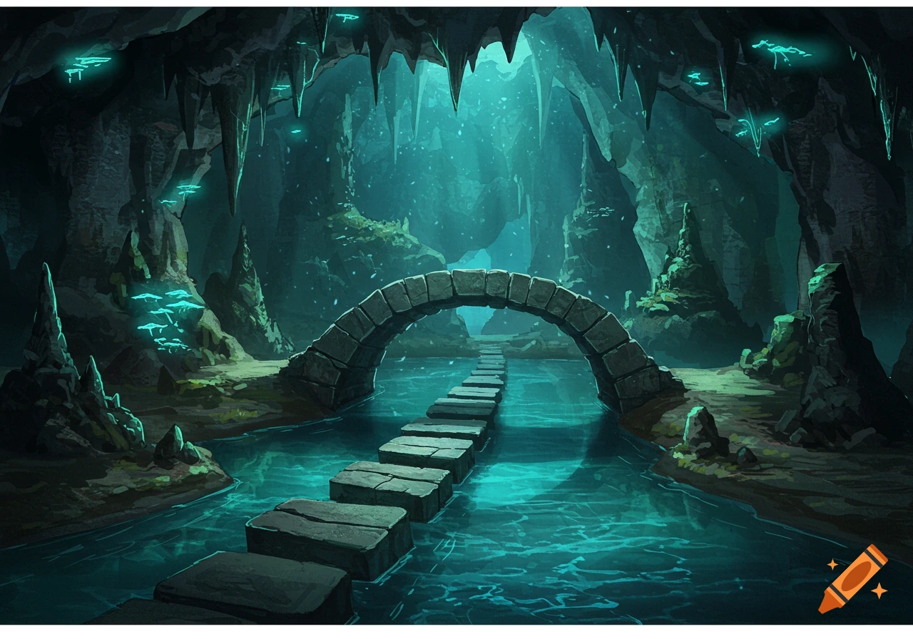 Illustrative fantasy cave with a stone arch bridge and stepping stones over a glowing turquoise river, bioluminescent fungi.