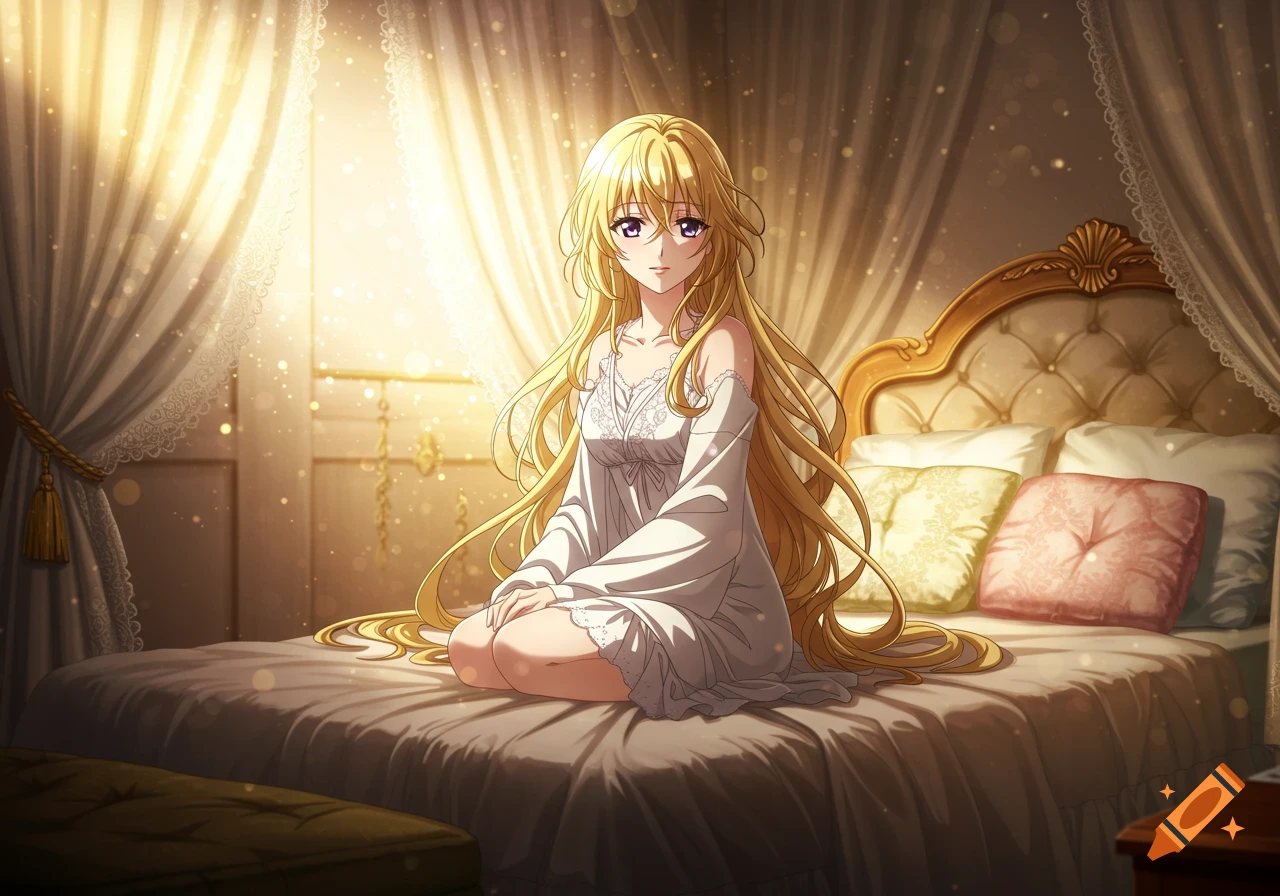 Anime blonde woman with long hair sitting on a cozy bed in a sunlit room with soft warm lighting.