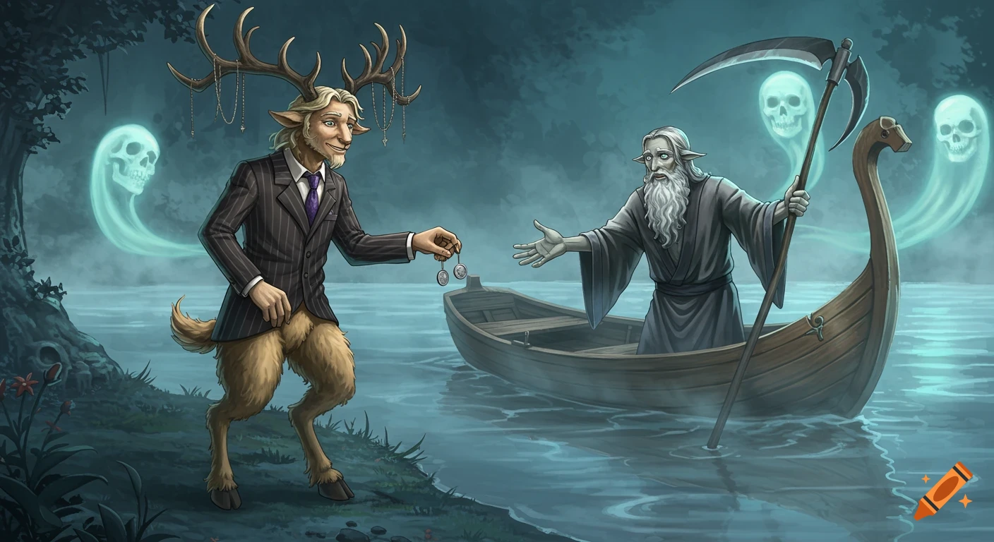 A satyr in a pinstripe suit offers coins to a robed, bearded Charon in a boat on a misty river with glowing skull-shaped ghosts.