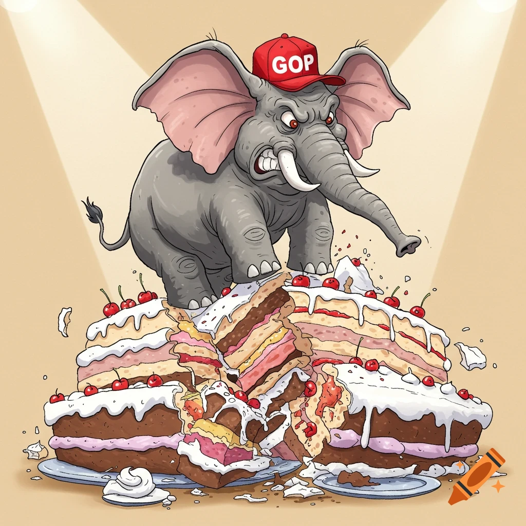 A cartoon angry elephant in a red 'GOP' hat stomps on and demolishes a large, multi-layered cake.