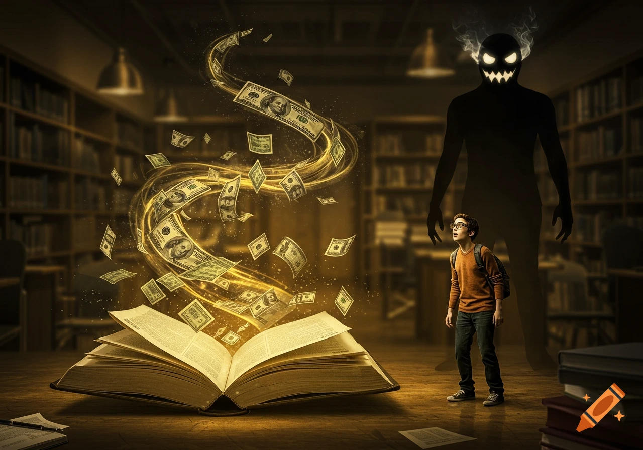 A student stands in a library, looking up at a dark, grinning shadow figure looming behind him. Money bills swirl out of a glowing open book on the table.