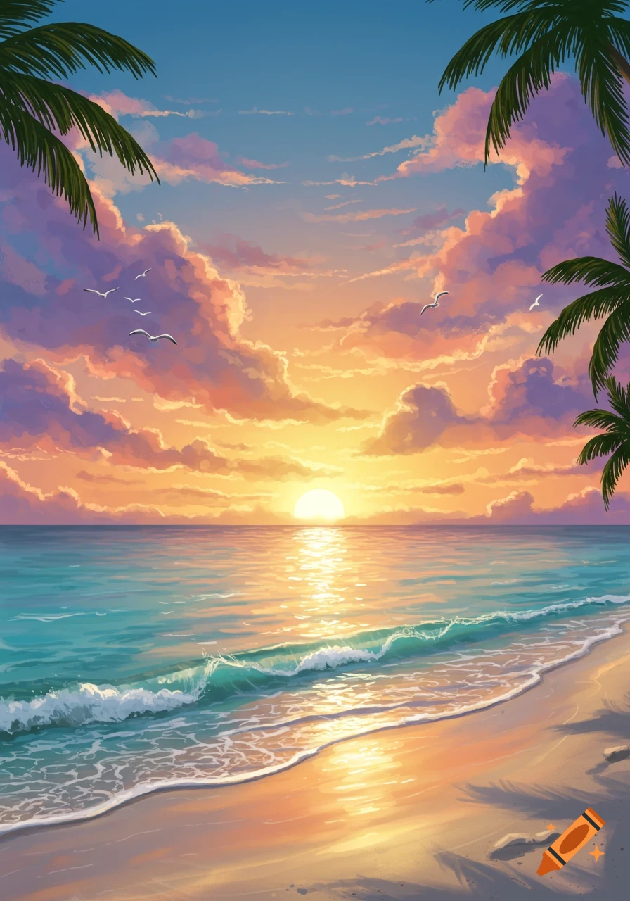 A vibrant, colorful beach sunset with golden light reflecting on the ocean, framed by palm fronds and distant birds.
