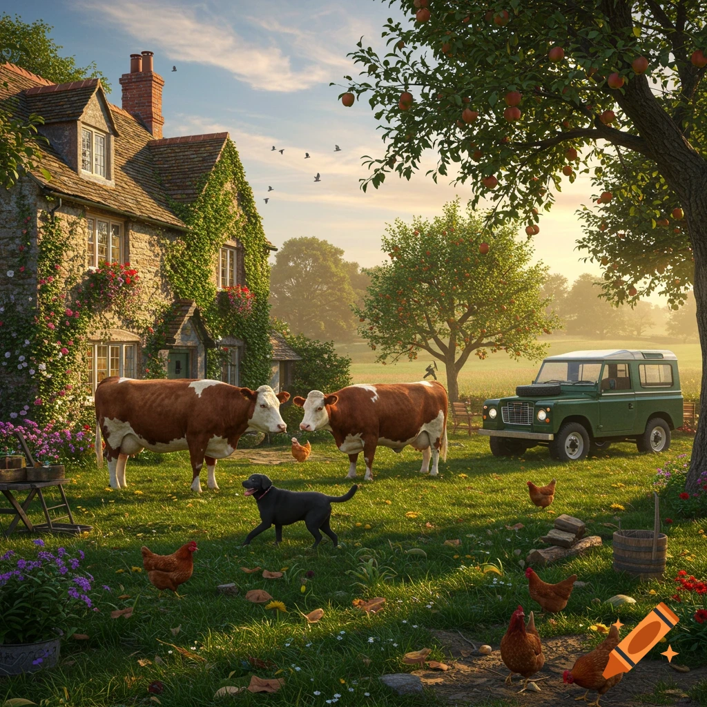 A photorealistic image of a stone cottage with cows, chickens, and a black dog in a lush garden with apple trees and a green Land Rover.