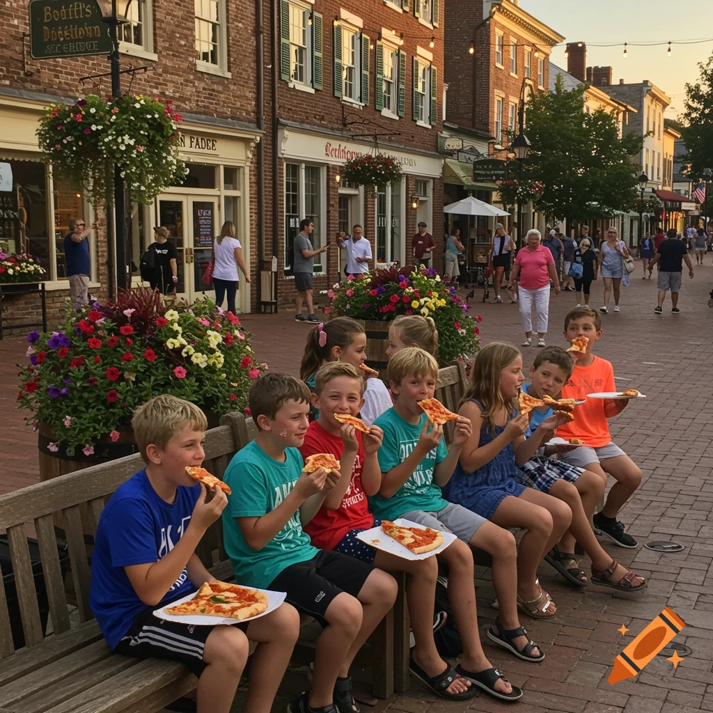 Kids sitting on a bench eating pizza on a busy town street with brick buildings and flowers.