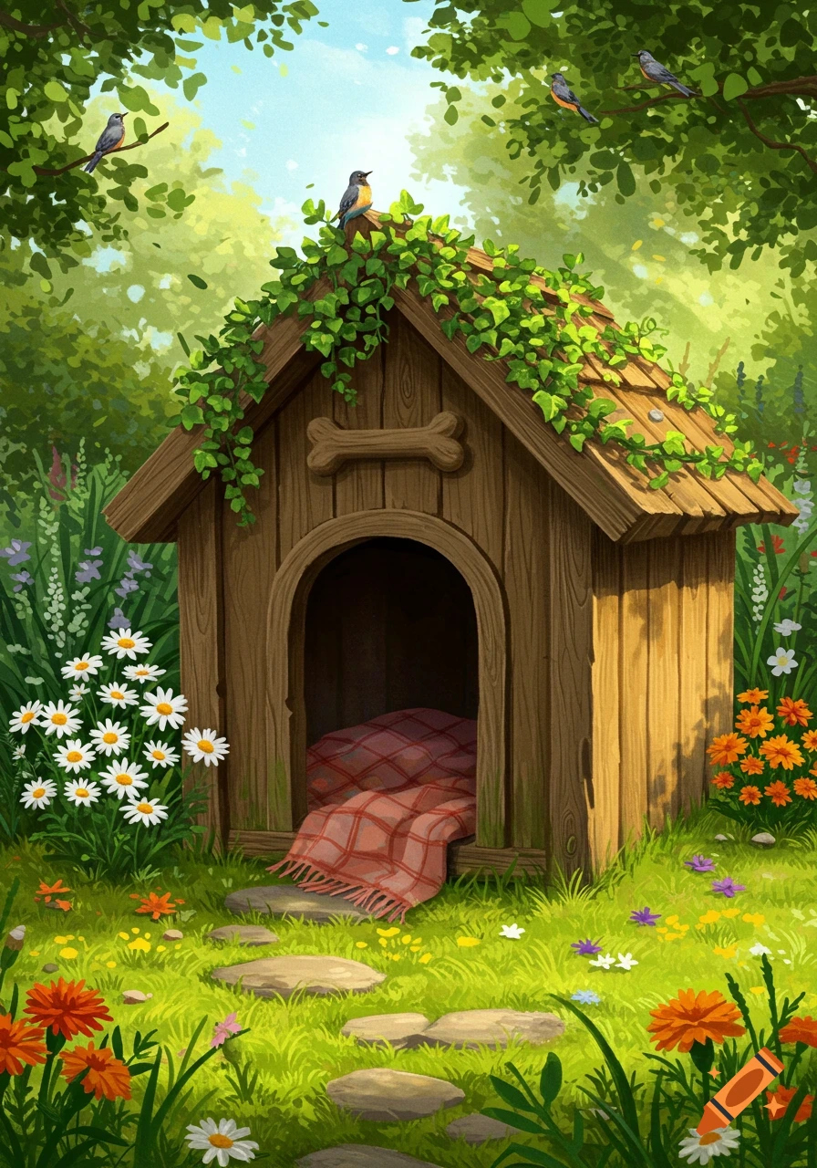 Illustration of a cozy wooden dog house with a bone decoration, surrounded by green grass, colorful flowers, and small birds in a lush garden.
