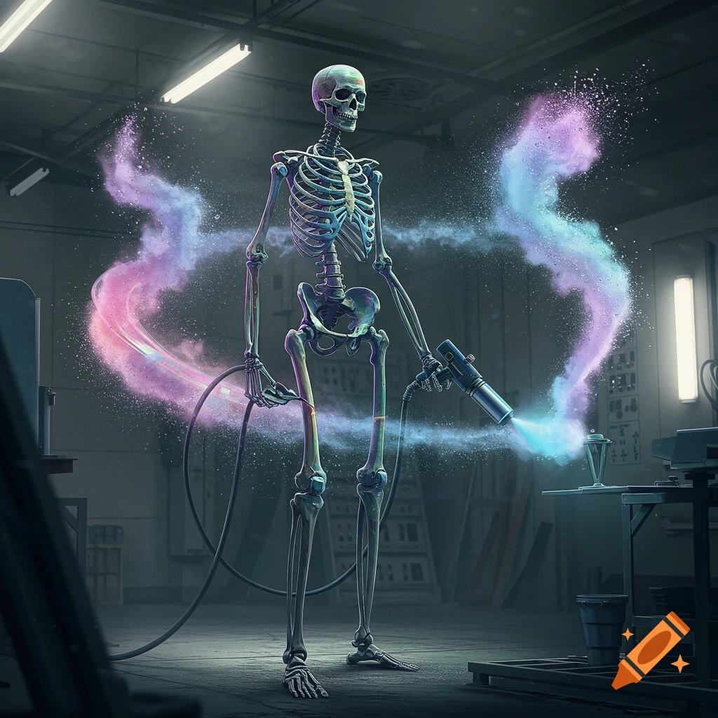 A skeletal figure stands in a dim industrial workshop, holding a powder coating gun that emits swirling pink and blue particles.