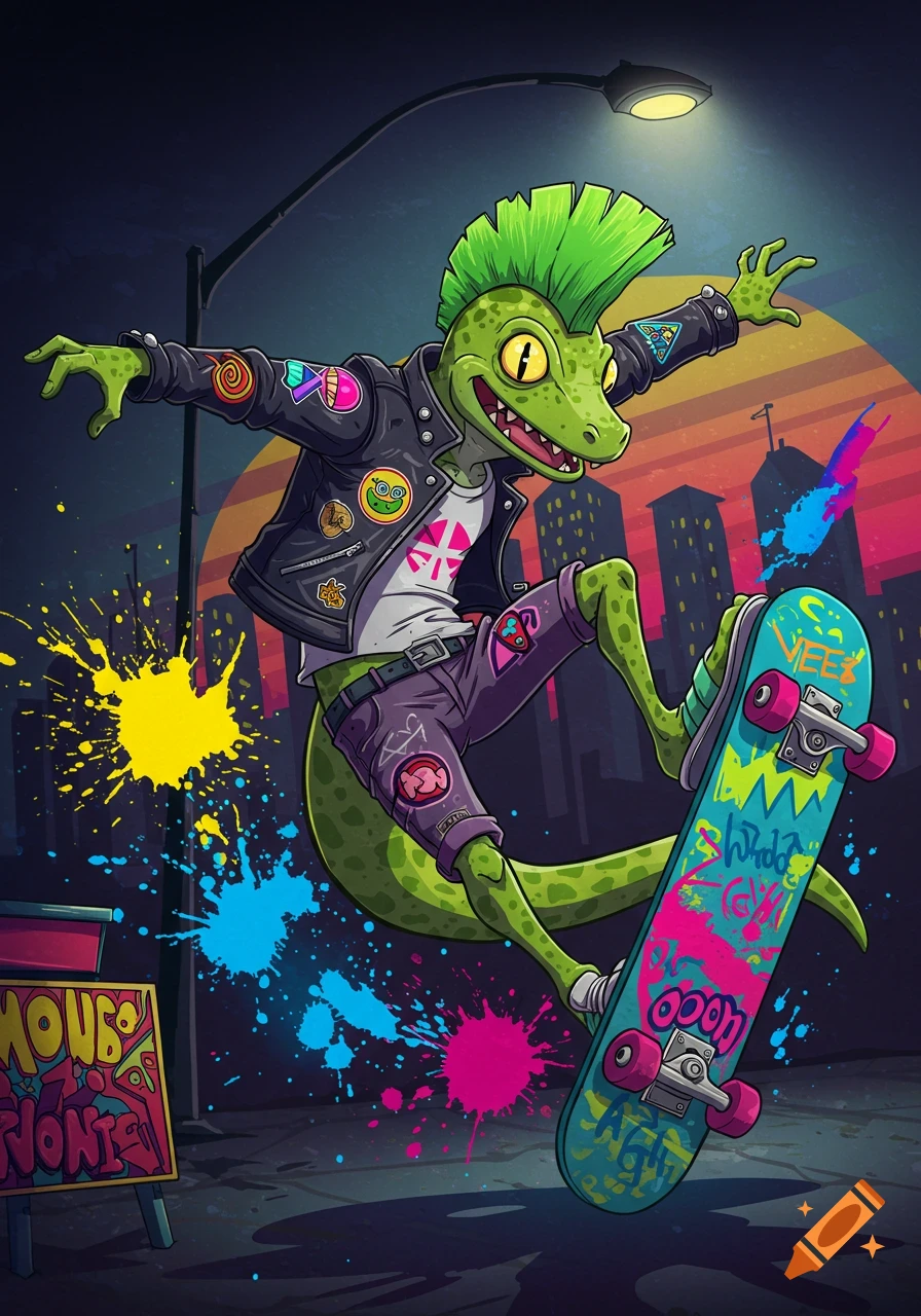 A cartoon green gecko with a punk mohawk and leather jacket skateboards at night, surrounded by colorful paint splatters.