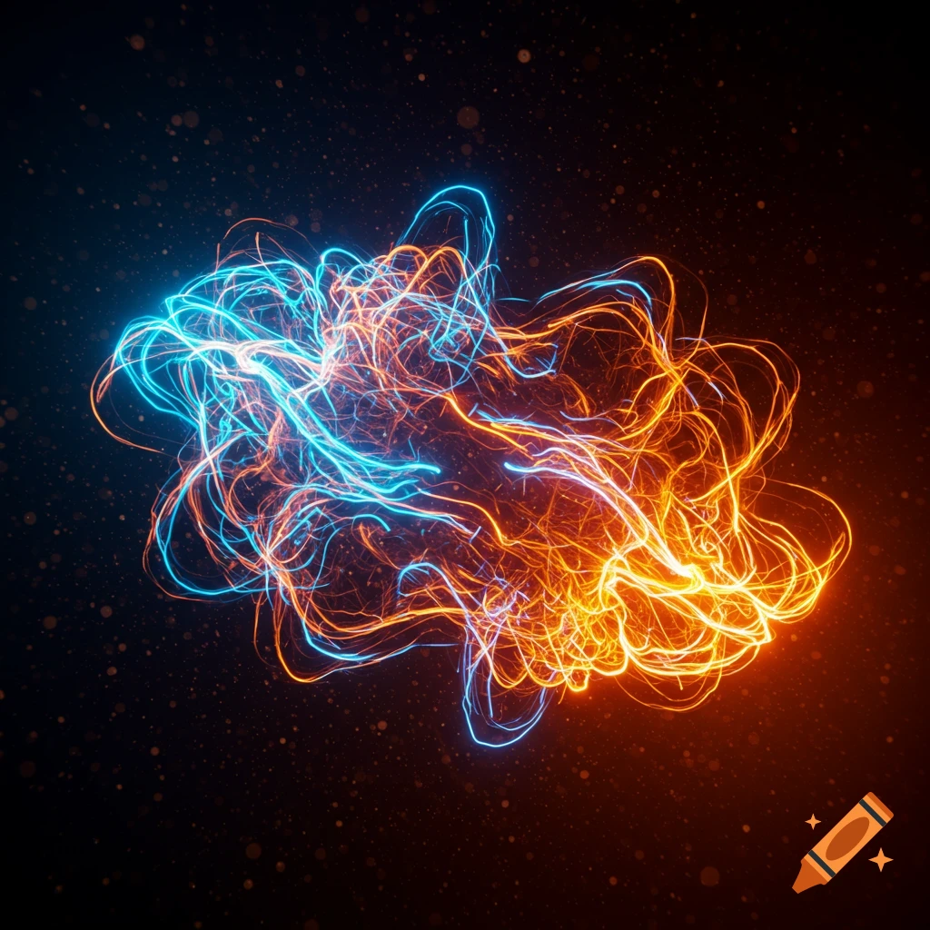 Abstract glowing lines, blue and orange, intertwined against a dark, speckled background.